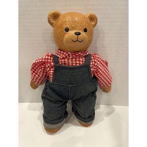 Vintage Enesco Ceramic Teddy Bear With Soft Body With Overalls And Flannel